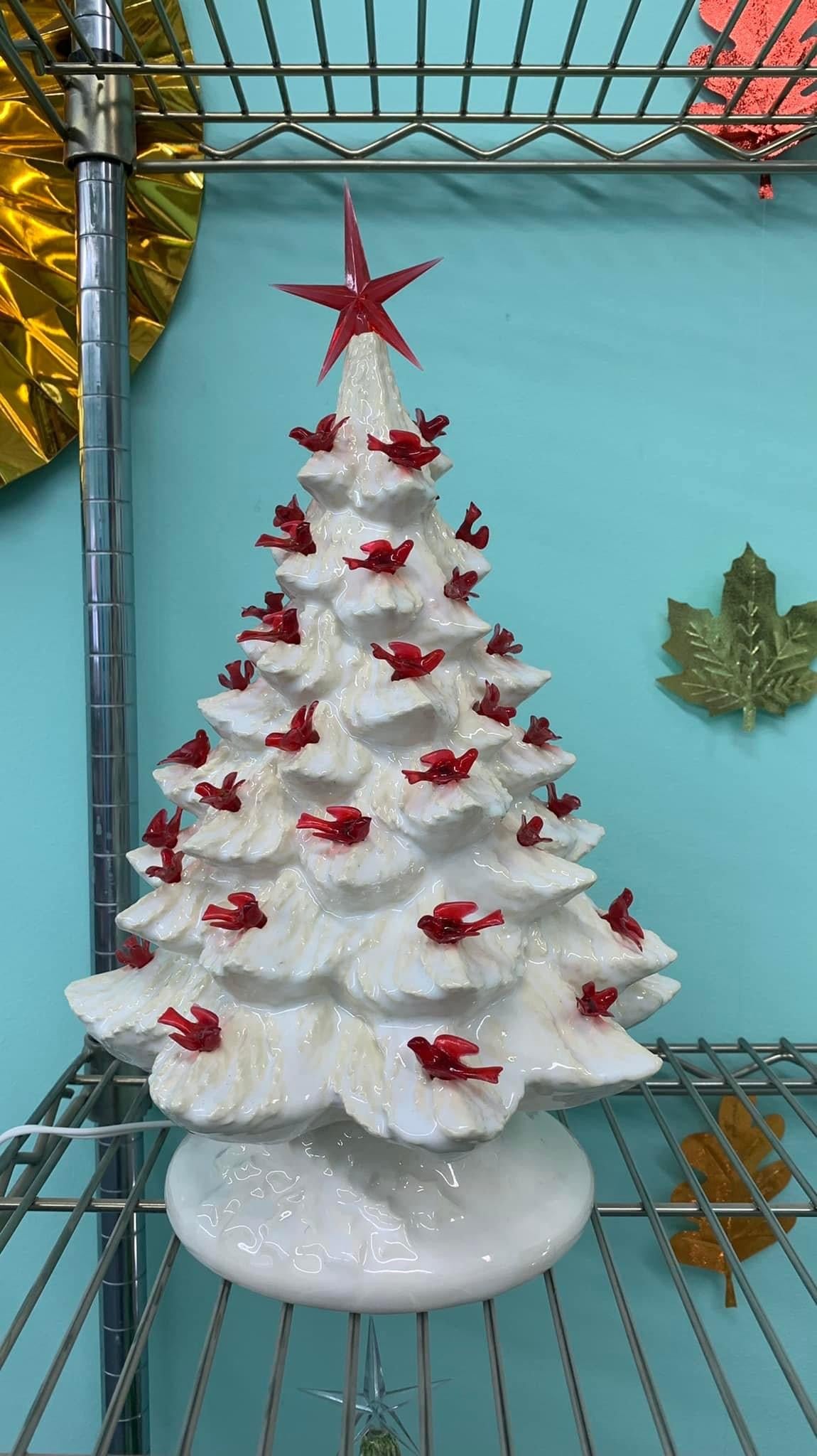 glazed white tree 13" with red birds and light kit